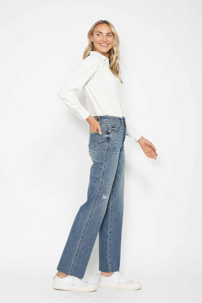 Judy Blue High Waist "Tummy Control" Raw Hem Straight Denim 88848-Jeans-Sunshine and Wine Boutique