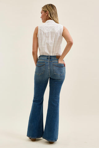 Judy Blue Mid Rise Triple Needle Pockets & Bandana Loop Jaqueline Flare Denim Jeans 82726