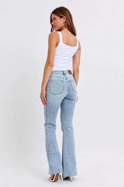 Judy Blue Mid Rise Button Fly Rhinestone Side Panel Detail Flare Denim Jeans 88895-Jeans-Sunshine and Wine Boutique