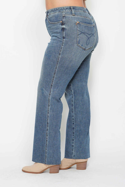 Judy Blue High Waist "Tummy Control" Raw Hem Straight Denim 88848-Jeans-Sunshine and Wine Boutique