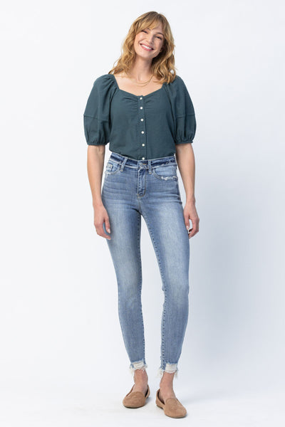 Judy Blue Mid Rise Release Waistband Detail Skinny Denim 82408-Jeans-Sunshine and Wine Boutique