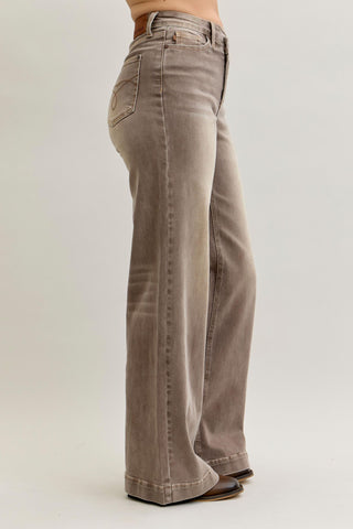 Judy Blue High Waist Retro Yarn Dyed Clay Criss-Cross Waistband Wide Leg Denim Jeans 881031