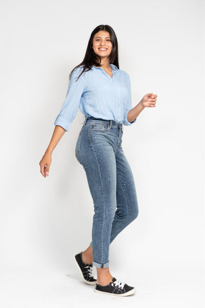 Judy Blue High Waist Bleach Splash Boyfriend Denim 82346-Jeans-Sunshine and Wine Boutique