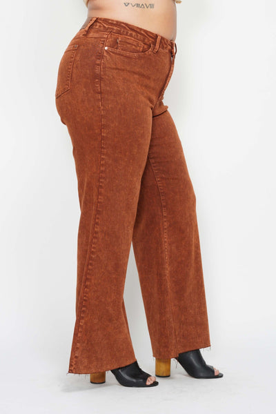 Judy Blue High Waist Garment Dyed Pumpkin Spice Raw Hem Retro Wide Leg Denim 88888-Jeans-Sunshine and Wine Boutique