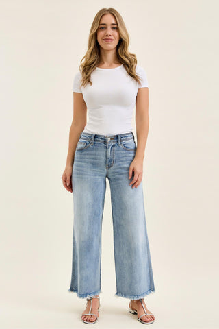 Judy Blue Mid Rise Hollywood Fray Hem Wide Leg Denim Jeans 82728