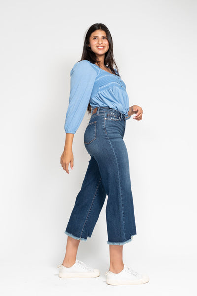 Judy Blue High Waist Button Fly Destroy Wide Leg Crop Denim Jeans 88887-Jeans-Sunshine and Wine Boutique