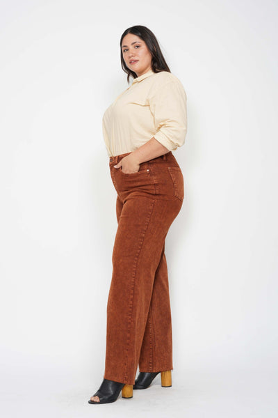 Judy Blue High Waist Garment Dyed Pumpkin Spice Raw Hem Retro Wide Leg Denim 88888-Jeans-Sunshine and Wine Boutique