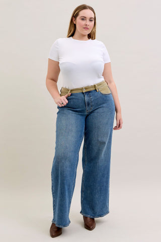 Judy Blue Mid Rise Corduroy Waist Column Straight Denim Jeans 881054