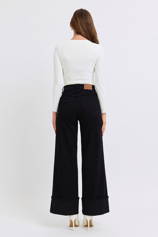 Judy Blue High Waist Retro Wide Leg Black Cuffed Denim Jeans 82617