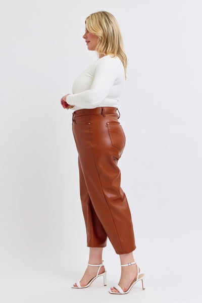 Judy Blue High Waist Tummy Control Camel Faux Leather Wide Leg Crop Denim Jeans 88900-Jeans-Sunshine and Wine Boutique