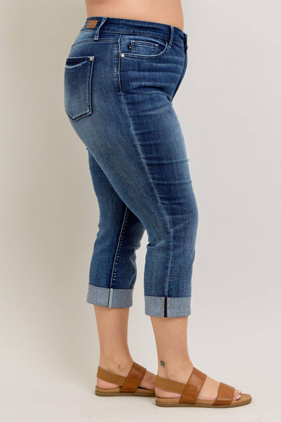 Judy Blue Mid Rise Dark Wash Cuffed Capri Denim Jeans 72121-Jeans-Sunshine and Wine Boutique