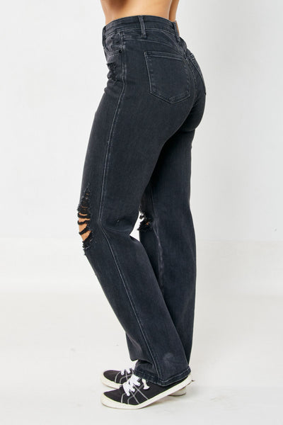 Judy Blue High Rise Rigid Magic 90's Distressed Straight Jeans in Black 88737-Jeans-Sunshine and Wine Boutique