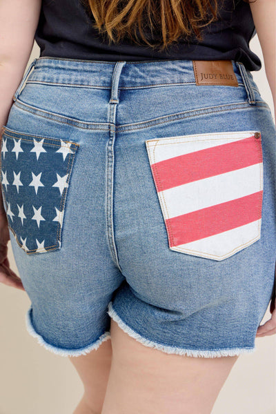 Judy Blue High Waist Front & Back Pocket American Flag Fray Hem Denim Short 150321-Shorts-Sunshine and Wine Boutique