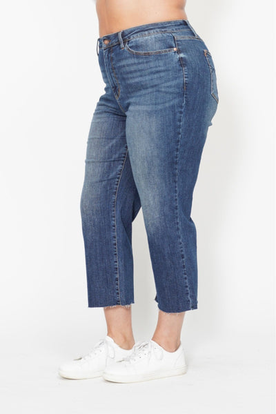 Judy Blue High Waist Back Pocket Embroidery Crop Wide Leg Denim 88873-Jeans-Sunshine and Wine Boutique