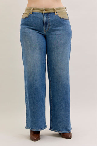 Judy Blue Mid Rise Corduroy Waist Column Straight Denim Jeans 881054