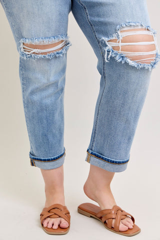 Judy Blue Mid Rise Destroyed Cuffed Boyfriend Denim Jeans 82688