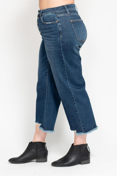 Judy Blue High Waist Button Fly Destroy Wide Leg Crop Denim Jeans 88887-Jeans-Sunshine and Wine Boutique