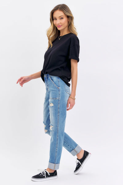 Judy Blue High Waist Patch Pocket & Destroy Boyfriend Denim 88825-Jeans-Sunshine and Wine Boutique