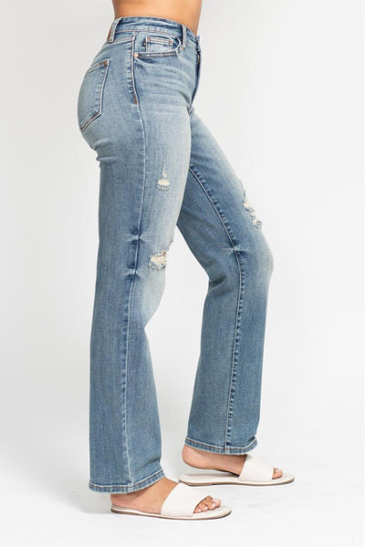 Judy Blue High Waist Harsh Tint & Destroy Straight Dad Denim Jeans 82641-Jeans-Sunshine and Wine Boutique