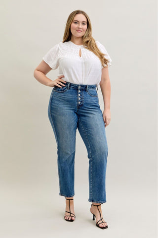 Judy Blue Mid Rise Rigid Magic Button Fly Slim Straight Denim Jeans 881011