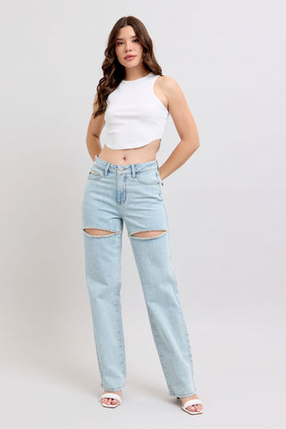 Judy Blue High Waist Rigid Magic Rhinestone Slits Detail Straight Denim Jeans 88954