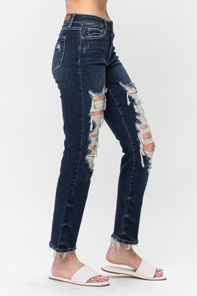 Judy Blue Mid Rise Heavy Destroy Straight Denim 82534-Jeans-Sunshine and Wine Boutique