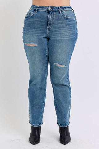Judy Blue Mid Rise Contrast Wash Destroyed Dad Denim Jeans 88859