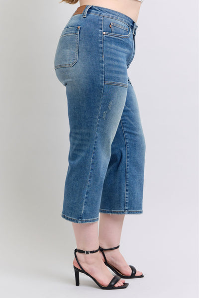 Judy Blue High Waist Utility Pockets Crop Wide Leg Denim Jeans 88904-Jeans-Sunshine and Wine Boutique