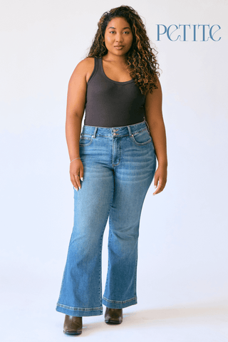 Judy Blue High Waist Tummy Control Double Button Flare Denim Jeans 881018 - Petite