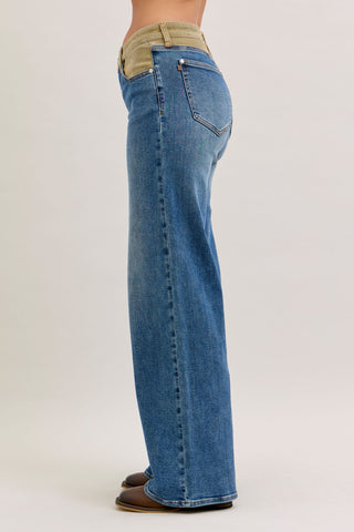 Judy Blue Mid Rise Corduroy Waist Column Straight Denim Jeans 881054