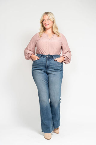 Judy Blue Mid Rise Tummy Control Vintage Wash Cut Hem Flare Denim Jeans 88472