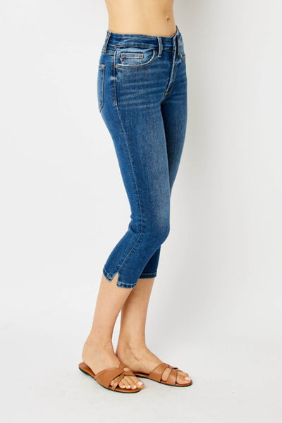 Judy Blue Mid Rise Side Slit Capri Denim 72113-Jeans-Sunshine and Wine Boutique