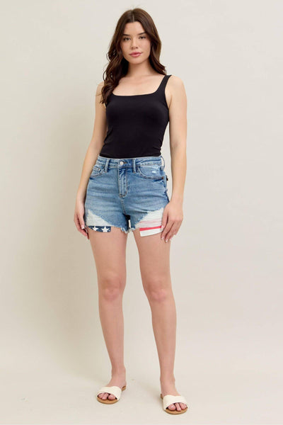 Judy Blue High Waist Front & Back Pocket American Flag Fray Hem Denim Short 150321-Shorts-Sunshine and Wine Boutique