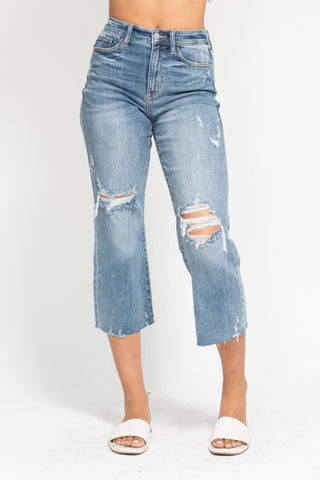 Judy Blue High Waist Destroy Wide Leg Crop Denim 82256-Jeans-Sunshine and Wine Boutique