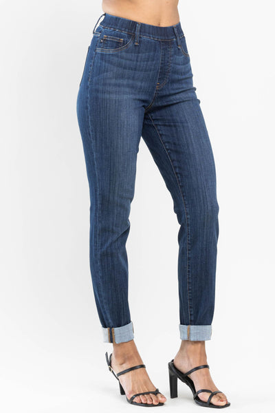 Judy Blue High Waist Pull On Double Cuff Slim Denim 88750-Jeans-Sunshine and Wine Boutique