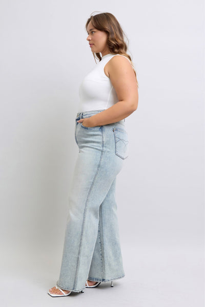 Judy Blue High Waist Tummy Control Retro Wide Leg Denim Jeans 88867-Jeans-Sunshine and Wine Boutique