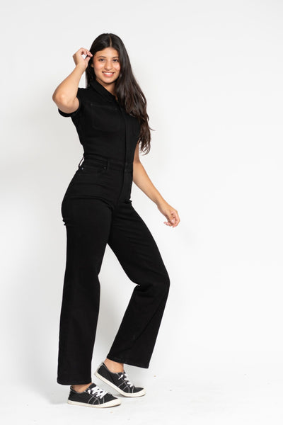 Judy Blue High Waist Garment Dyed Black Tummy Control Short Sleeve Straight Denim Jeans Jumpsuit 88853-Jeans-Sunshine and Wine Boutique