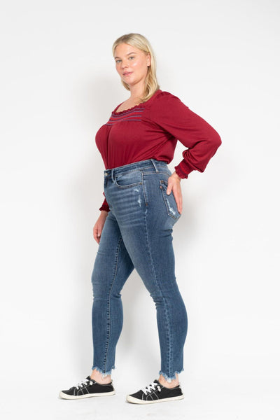 Judy Blue High Waist Destroy & Shark Bite Hem Skinny Denim Jeans 82491-Jeans-Sunshine and Wine Boutique