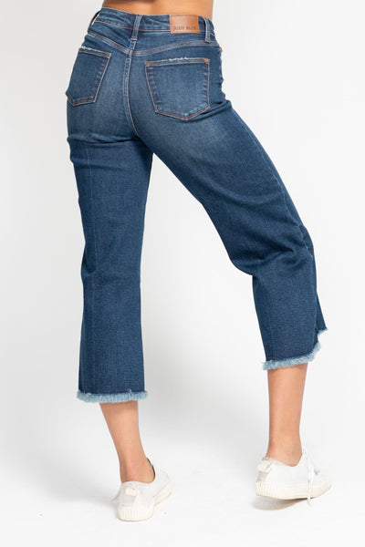 Judy Blue High Waist Button Fly Destroy Wide Leg Crop Denim Jeans 88887-Jeans-Sunshine and Wine Boutique