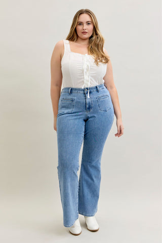 Judy Blue High Waist Front Patch & Welt Pockets Flare Denim Jeans 881055