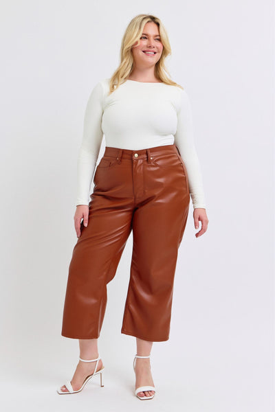 Judy Blue High Waist Tummy Control Camel Faux Leather Wide Leg Crop Denim Jeans 88900-Jeans-Sunshine and Wine Boutique