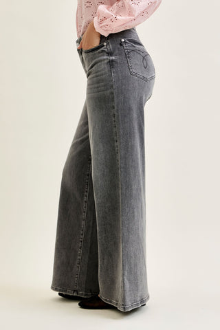 Judy Blue Mid Rise Gray Split Back Yoke Palazzo Denim Jeans 881134