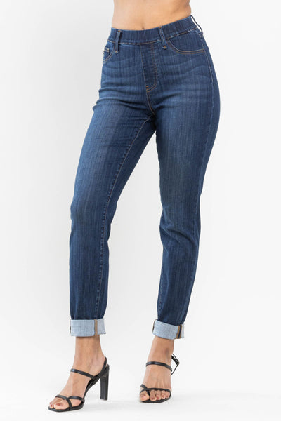 Judy Blue High Waist Pull On Double Cuff Slim Denim 88750-Jeans-Sunshine and Wine Boutique