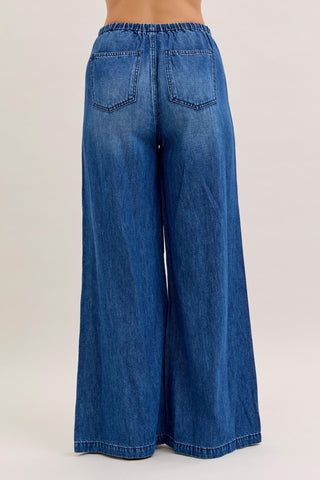 Judy Blue High Waist Featherweight Elastic Waistband Drawstring Palazzo Denim Jeans 881047