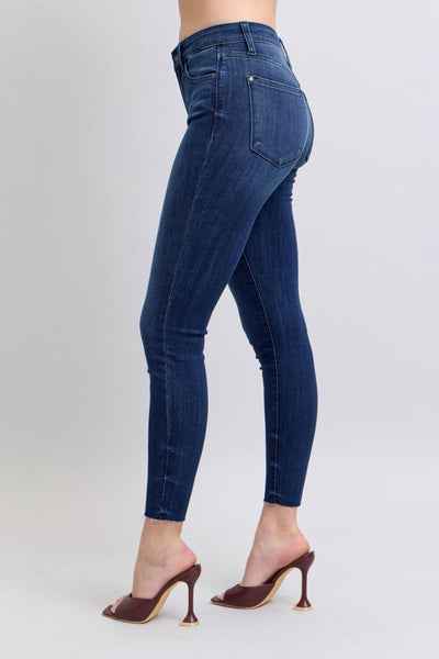 Judy Blue Mid Rise Raw Hem Skinny Denim Jeans 82628-Jeans-Sunshine and Wine Boutique