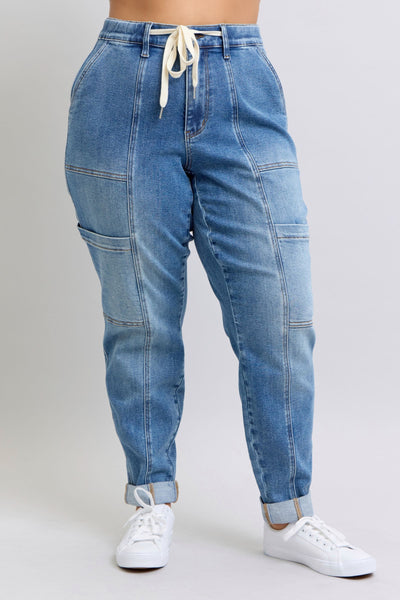 Judy Blue High Waist Cargo Cuff Jogger Denim Jeans 88909-Jeans-Sunshine and Wine Boutique