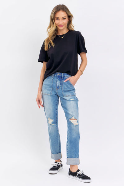 Judy Blue High Waist Patch Pocket & Destroy Boyfriend Denim 88825-Jeans-Sunshine and Wine Boutique