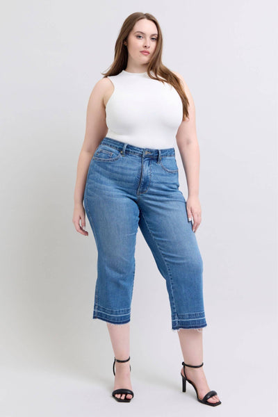 Judy Blue High Waist Tummy Control Release Hem Crop Wide Leg Denim Jeans 88875-Jeans-Sunshine and Wine Boutique