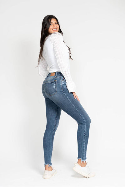 Judy Blue High Waist Destroy & Shark Bite Hem Skinny Denim Jeans 82491-Jeans-Sunshine and Wine Boutique