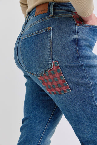 Judy Blue High Waist Plaid Patch Slim Denim Jeans 88868